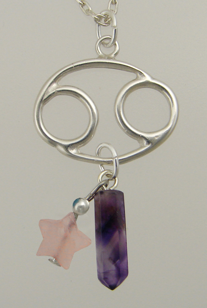 Sterling Silver Cancer Pendant Necklace With an Amethyst Crystal And a Rose Quartz Star